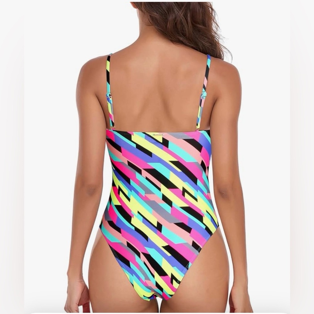 NWT RELLECIGA Bandeau One-Piece Swimsuit Neon Stripes Size L - Picture 11 of 12